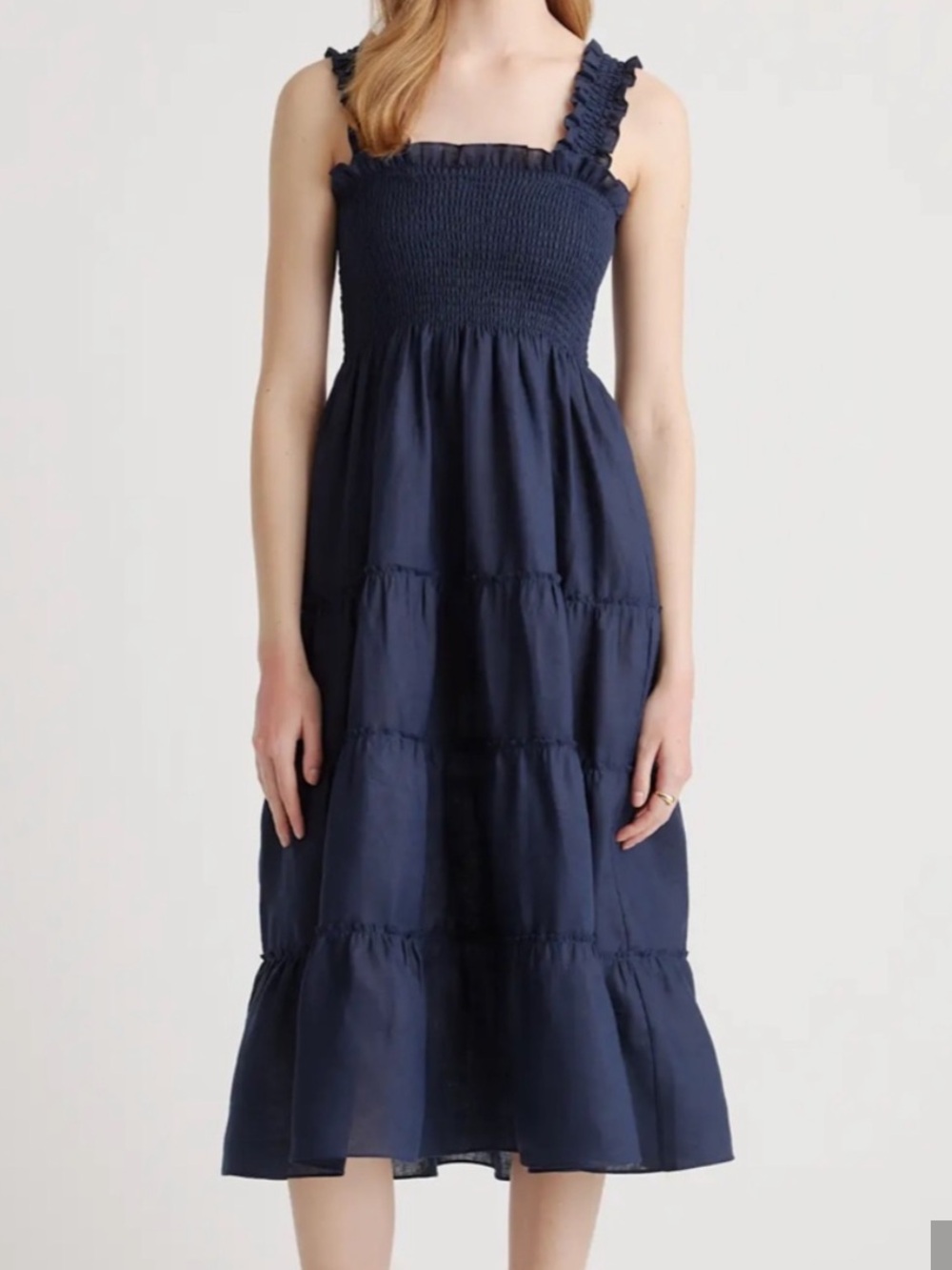 Quince 100% European Linen Navy Smocked Midi Dress